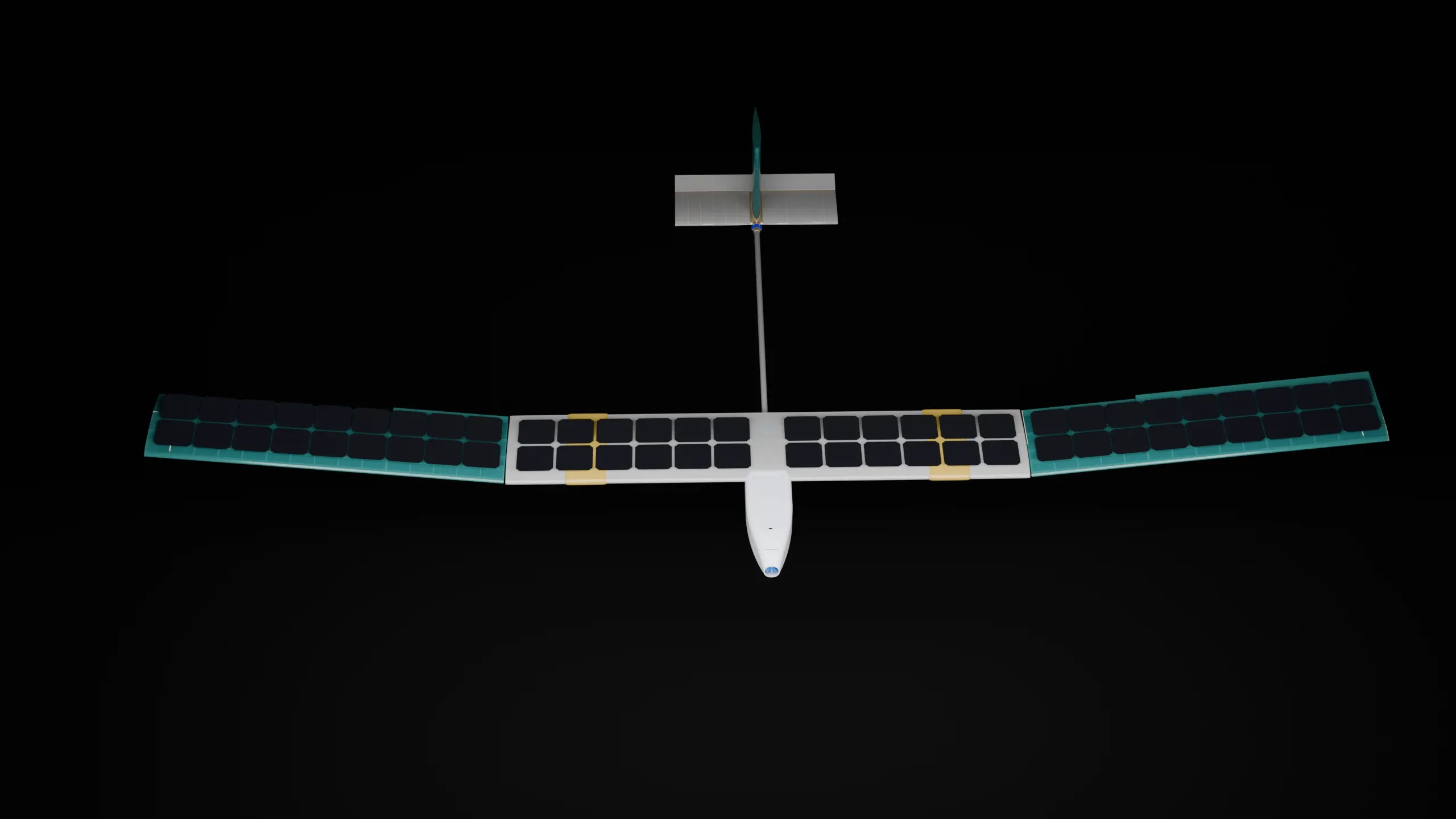 Top-down view of the Lapyx 4 airframe showing the solar cell array, wing spar joints, tail boom and avionics bay